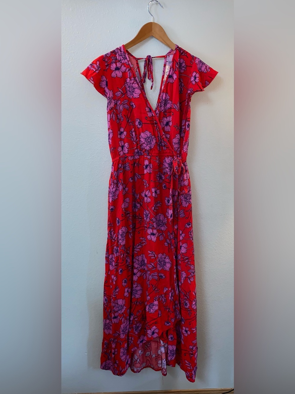 Band of the Free Red Pink Floral Maxi High Low Wrap Dress Size L